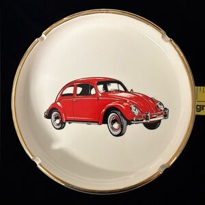 Vintage Red VW Bug Car Ashtray with Gold Trim. Rare Dealership Item.